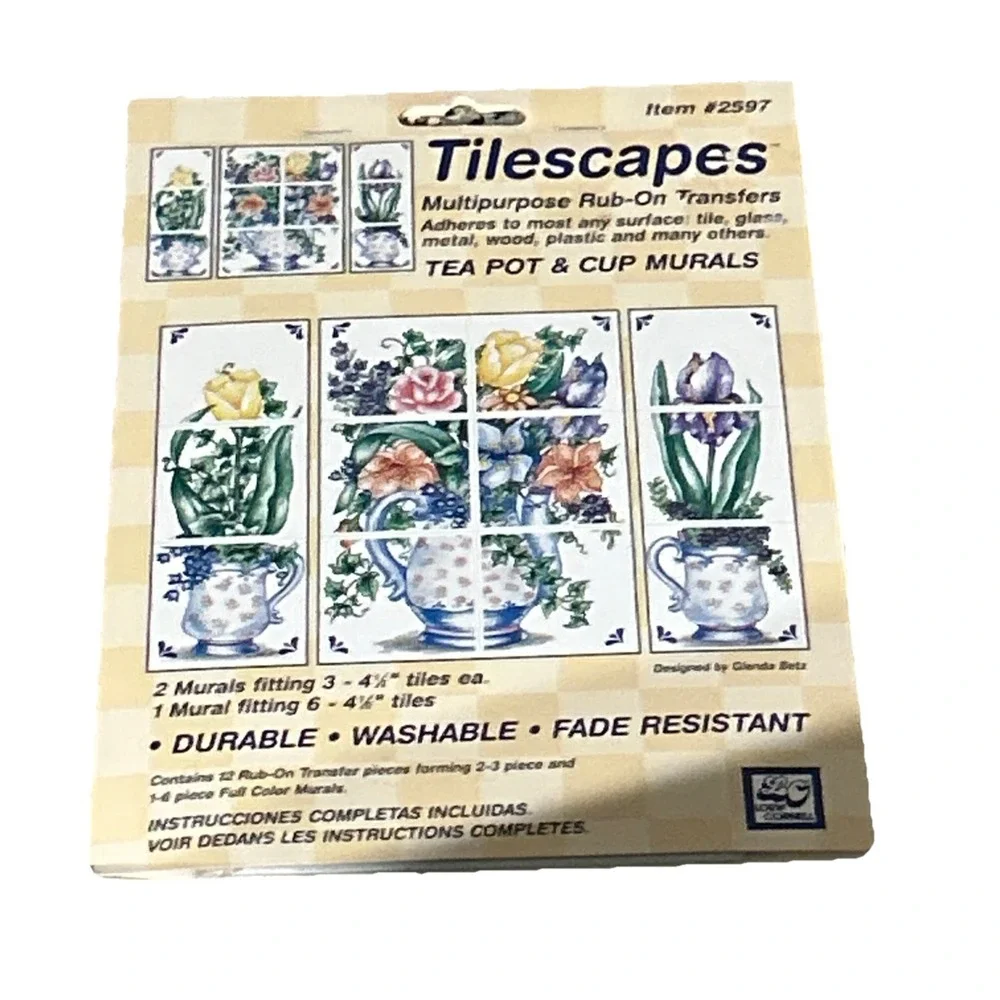 Vintage TILESCAPES  Rub On Tile Transfers Tea Pot Cup Murals Wood Glass Decal
